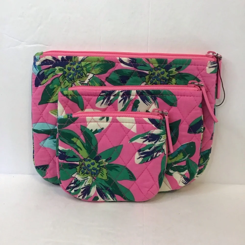 VERA BRADLEY Tropical Paradise Pink and Green Floral Cosmetic Bag 3 Pc Set NEW